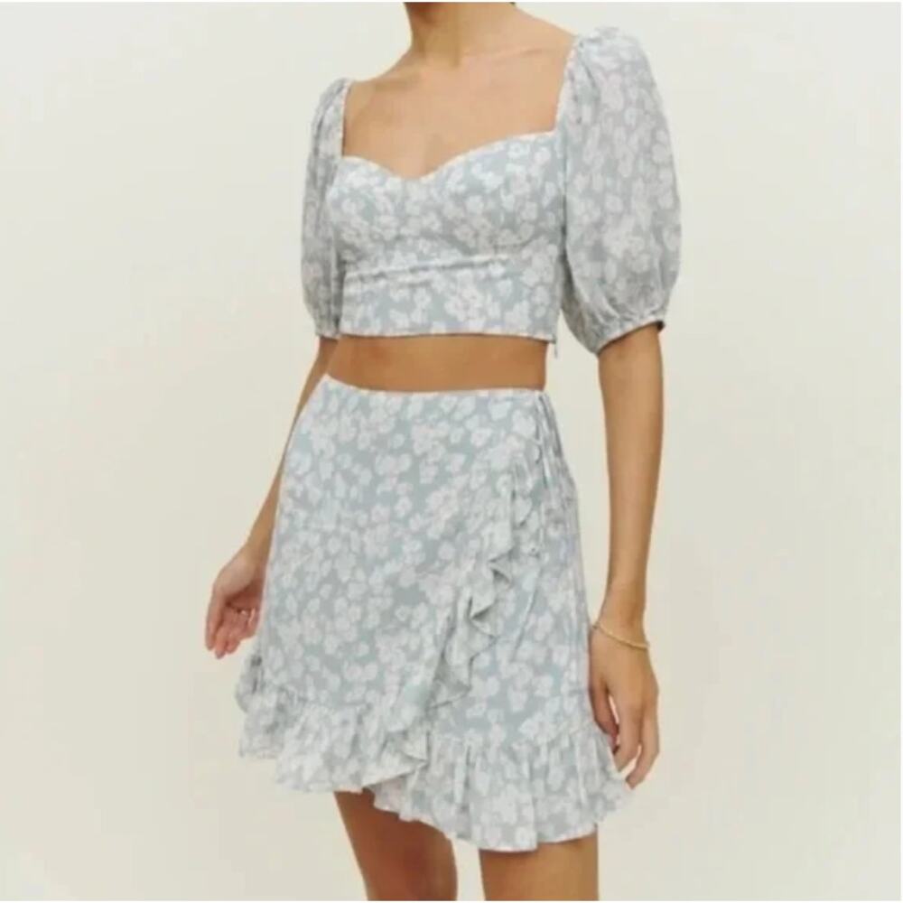 Reformation 4 Blouse Sinead Crop Top Puff Sleeve in Blue Floral